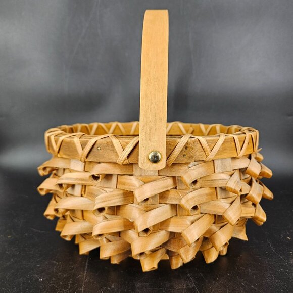 Vintage Porcupine Curls Pokey Round Wicker Basket with Handle Woven Carrier 9" - Picture 2 of 10